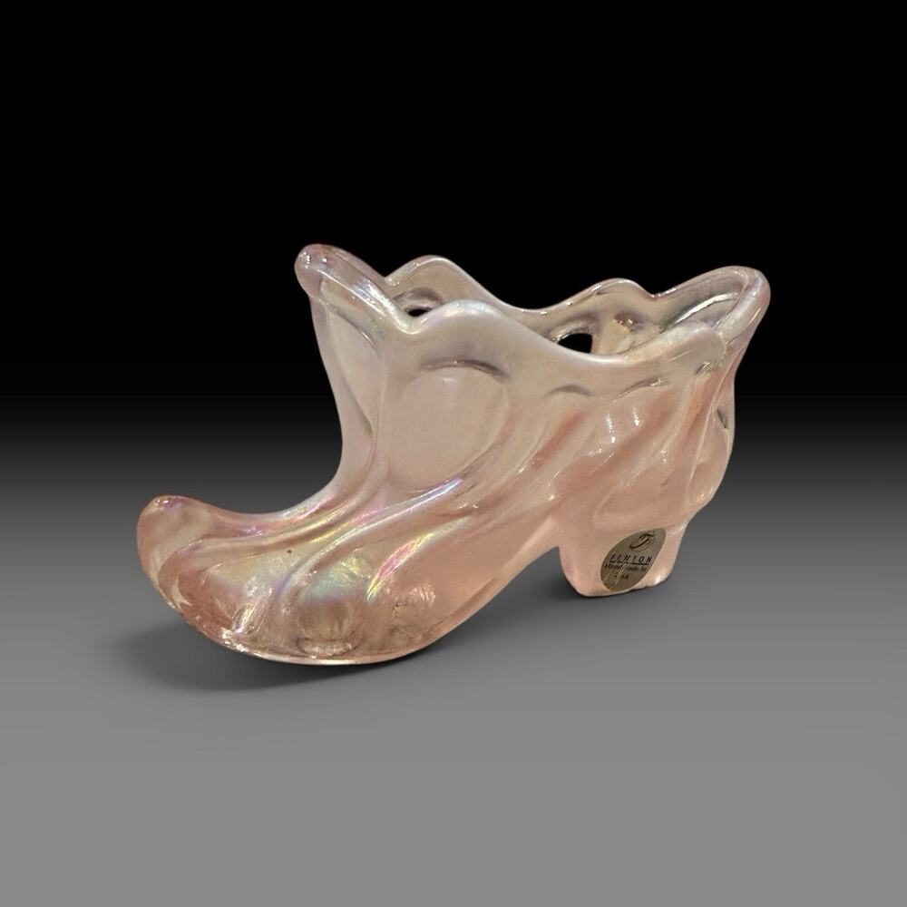 Vintage Fenton Iridescent Pale Pink Carnival Glass Slipper Shoe 5” Sticker USA